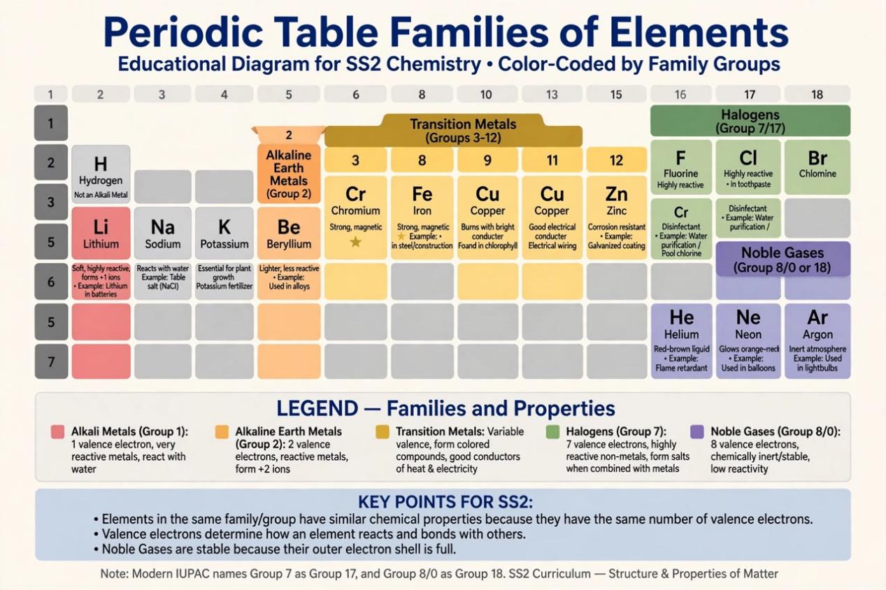 FAMILIES OF ELEMENTS (PERIODIC TABLE GROUP diagram for SS2 Chemistry